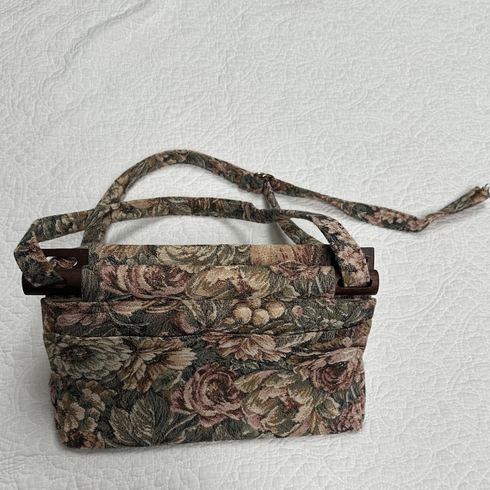 Vintage handmade wood and Floral Tapestry Women's Bag